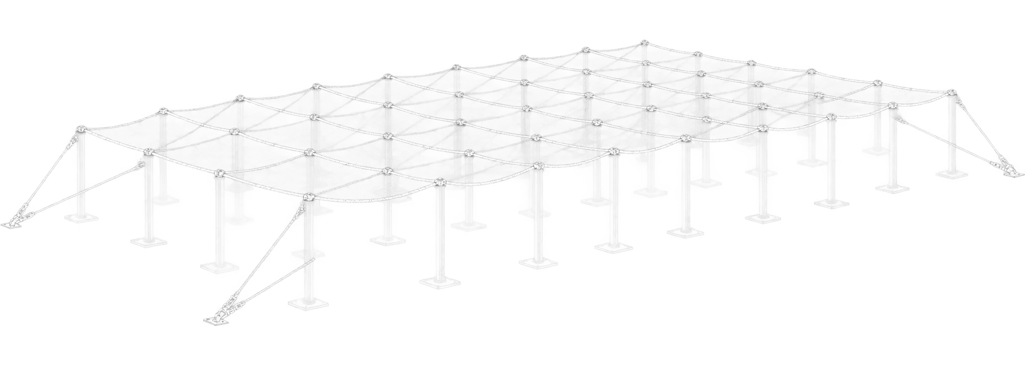 Technical render of a PEO steel wire and rope tension system